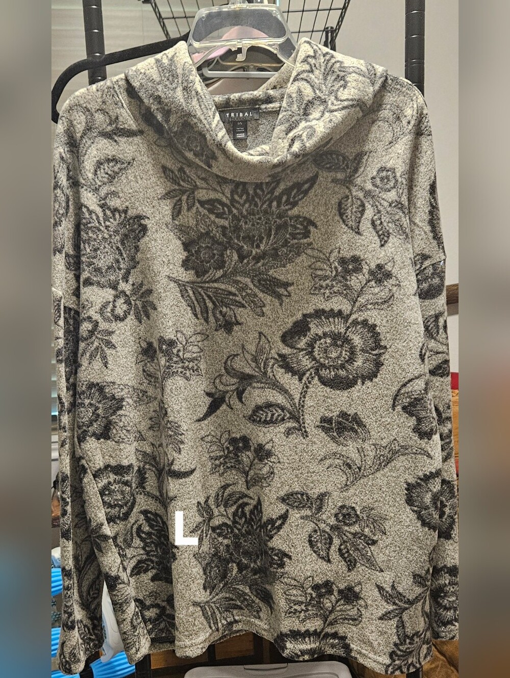 Tribal Gray and Black Floral Cowl Neck Sweater